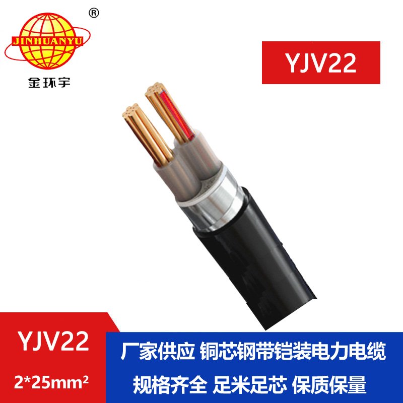 金环宇电线电缆 铜芯 YJV22 2X25平方 低压2芯铠装户外电力电缆